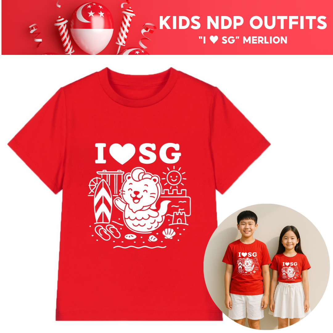 National Day NDP Red Top - Baby Kids Red T-shirt Cute Merlion Beach View National Day Top Outfit