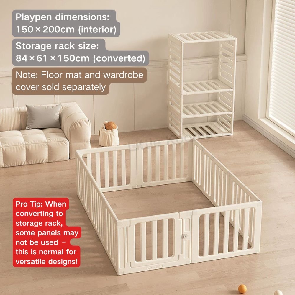 3-in-1 Kids Playpen | Converts to Storage Shelf & Wardrobe | HDPE Safety Fence with Door Lock | Baby Play Yard - Little Kooma