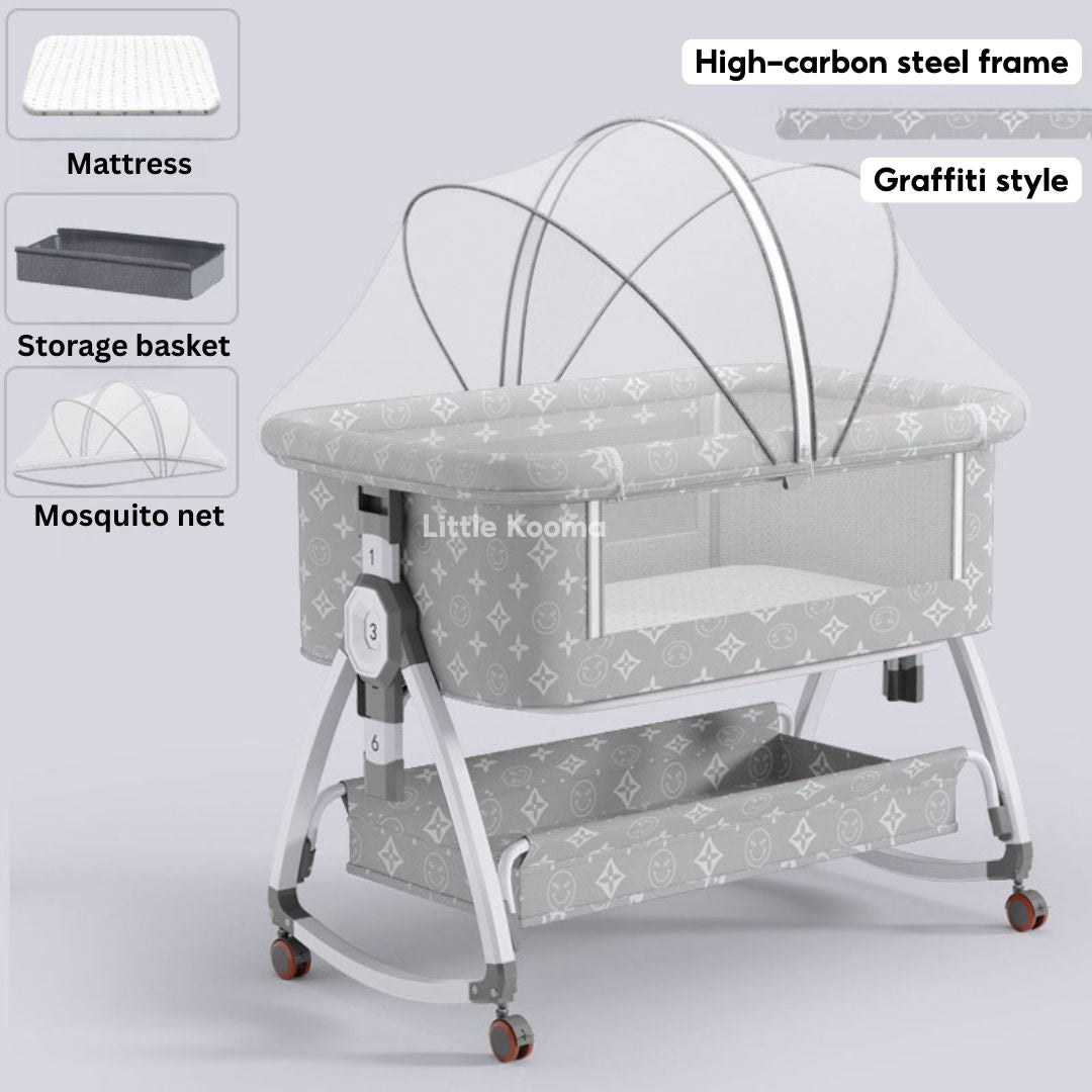 Baby Crib with Changing Table & Mosquito Net Height Adjustable Cradle & Mobile Bed Foldable & Washable - Little Kooma