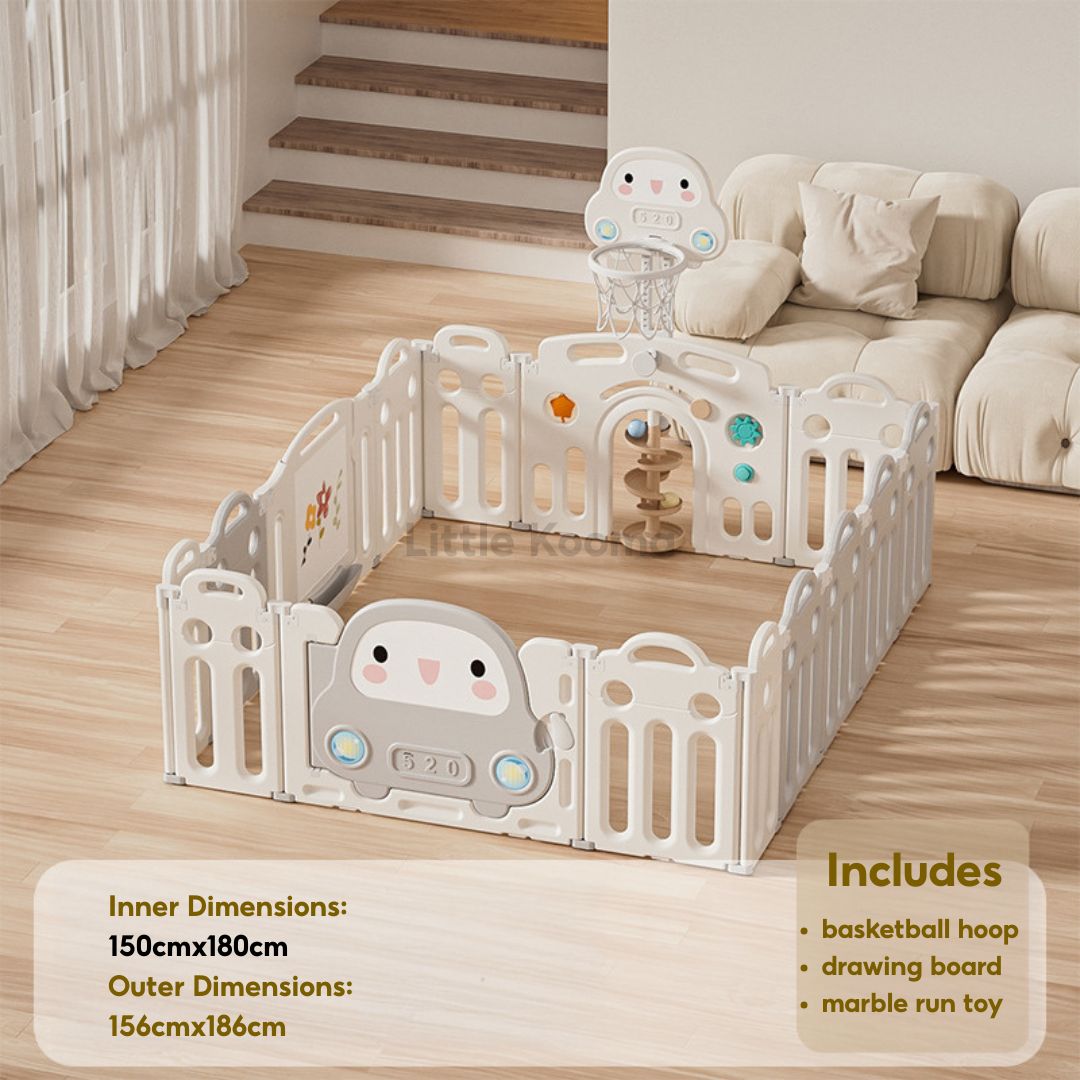 Baby Foldable Playpen Play Yard Basketball Hoop & Drawing Board – Eco HDPE, Non-Slip, Adjustable - Little Kooma