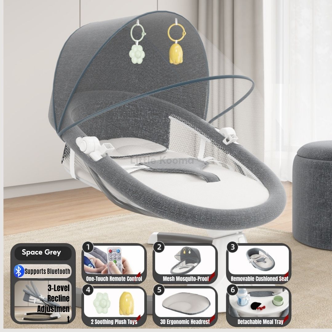 Electric Baby Rocking Chair with Bluetooth Music, Remote Control & Mosquito Net – Adjustable Swing & Recline