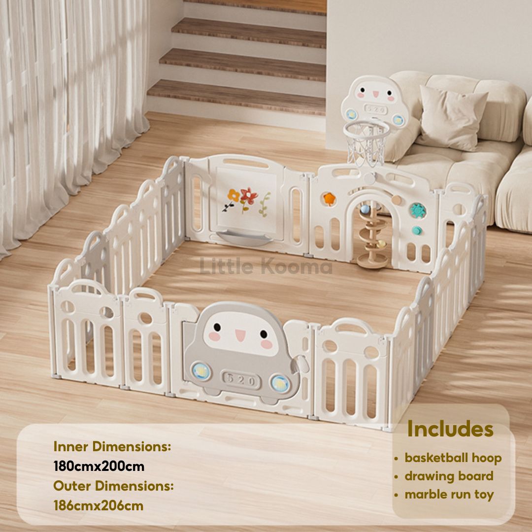 Baby Foldable Playpen Play Yard Basketball Hoop & Drawing Board – Eco HDPE, Non-Slip, Adjustable - Little Kooma