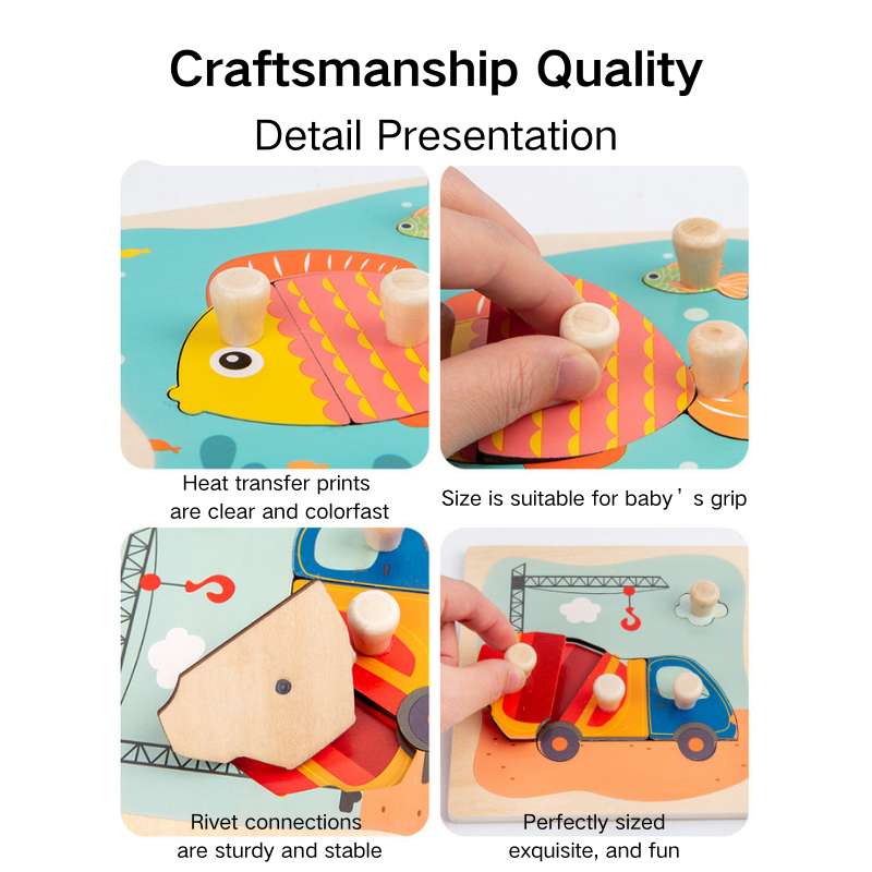 Wooden Toddler Animal Vehicle Puzzles w Handles Educational Montessori Puzzles Toys - Little Kooma