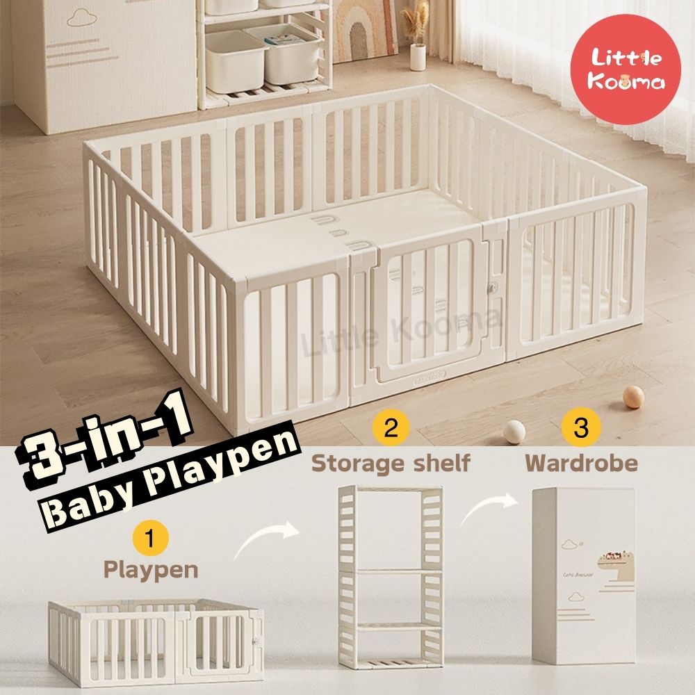3-in-1 Kids Playpen | Converts to Storage Shelf & Wardrobe | HDPE Safety Fence with Door Lock | Baby Play Yard - Little Kooma