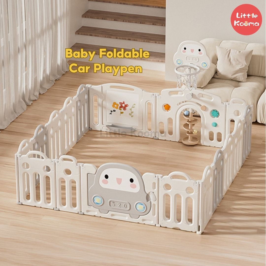 Baby Foldable Playpen Play Yard Basketball Hoop & Drawing Board – Eco HDPE, Non-Slip, Adjustable - Little Kooma