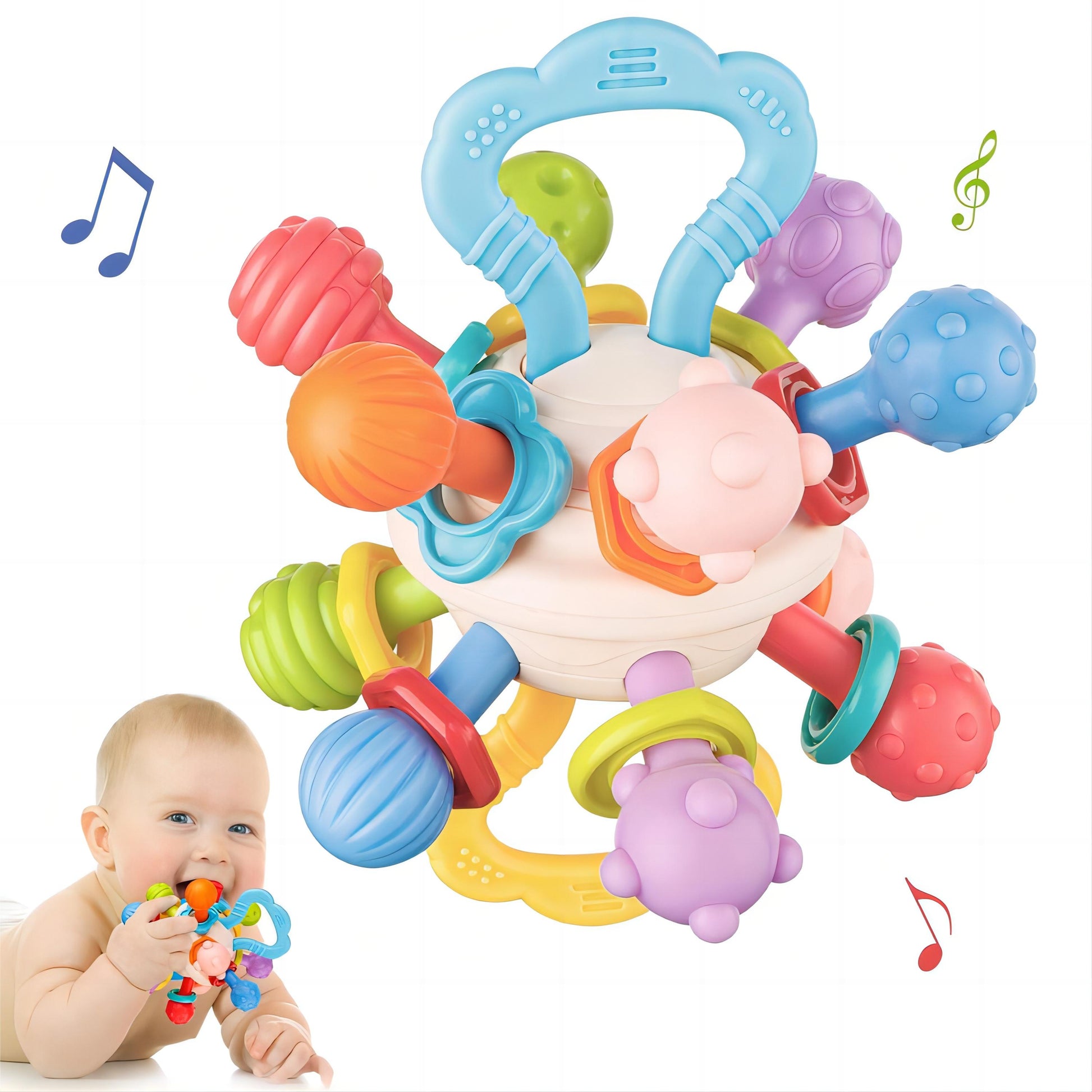 Twist & Teethe 360° Rattle Ring – Textured Multi-Shape Teether for Baby's Motor Skills & Pain Relief New Born + - Little Kooma
