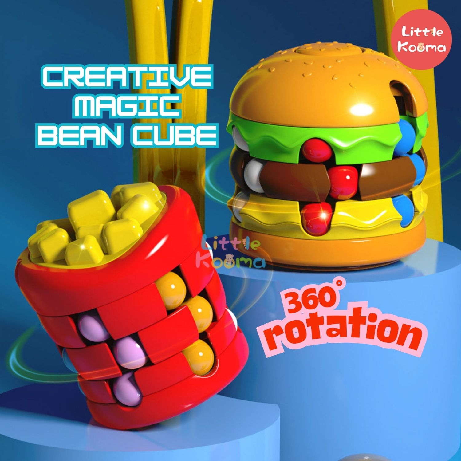 Ready Stock Creative Burger Fries Magic Bean Cube 360° Rotating Fidget Toy for Kid 3 Years + - Little Kooma