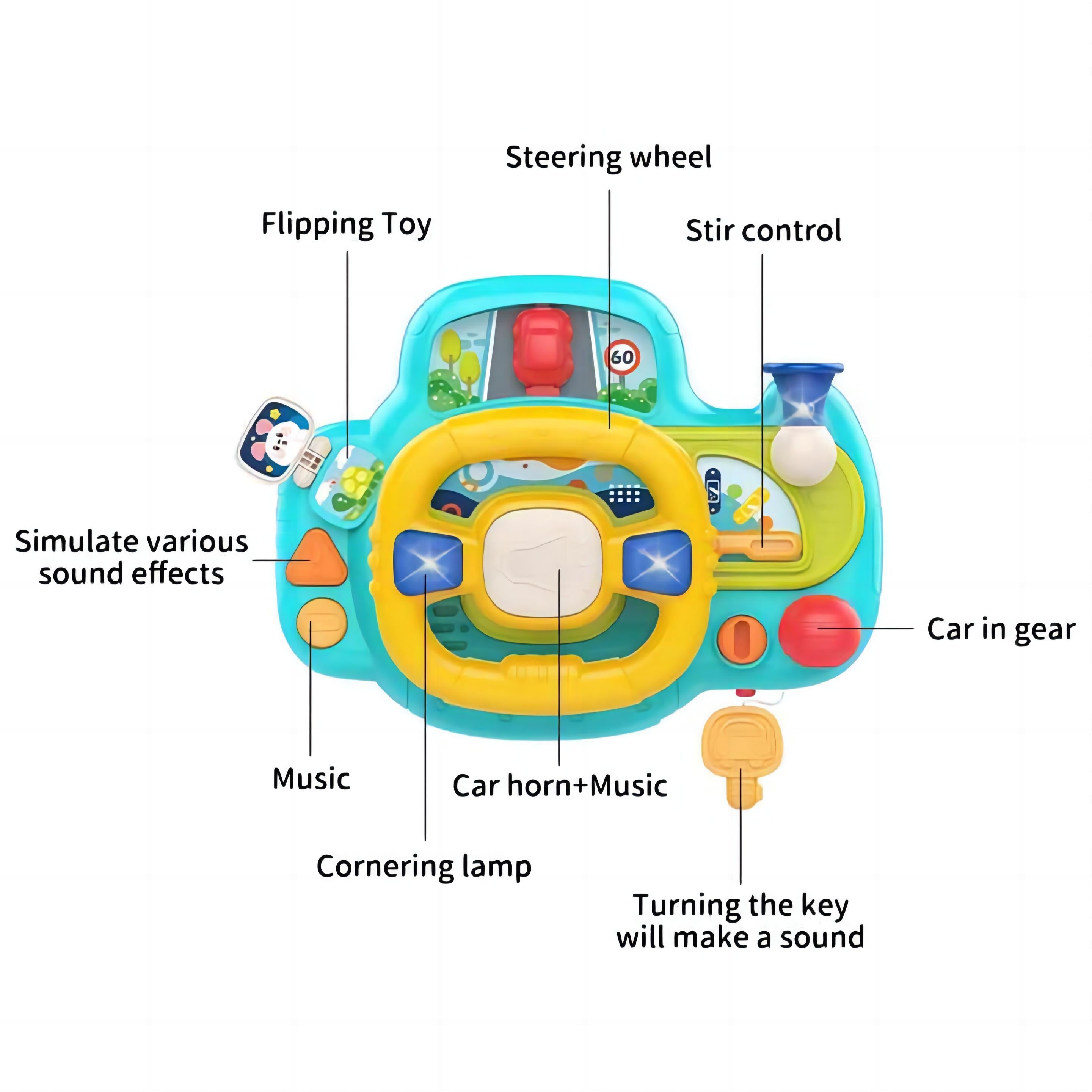 Portable Baby Steering Wheel Toy with Velcro Straps – Pretend Play with Lights, Sounds, and Flip Activities for Tables, Strollers, and Car Seats 18 Months + - Little Kooma