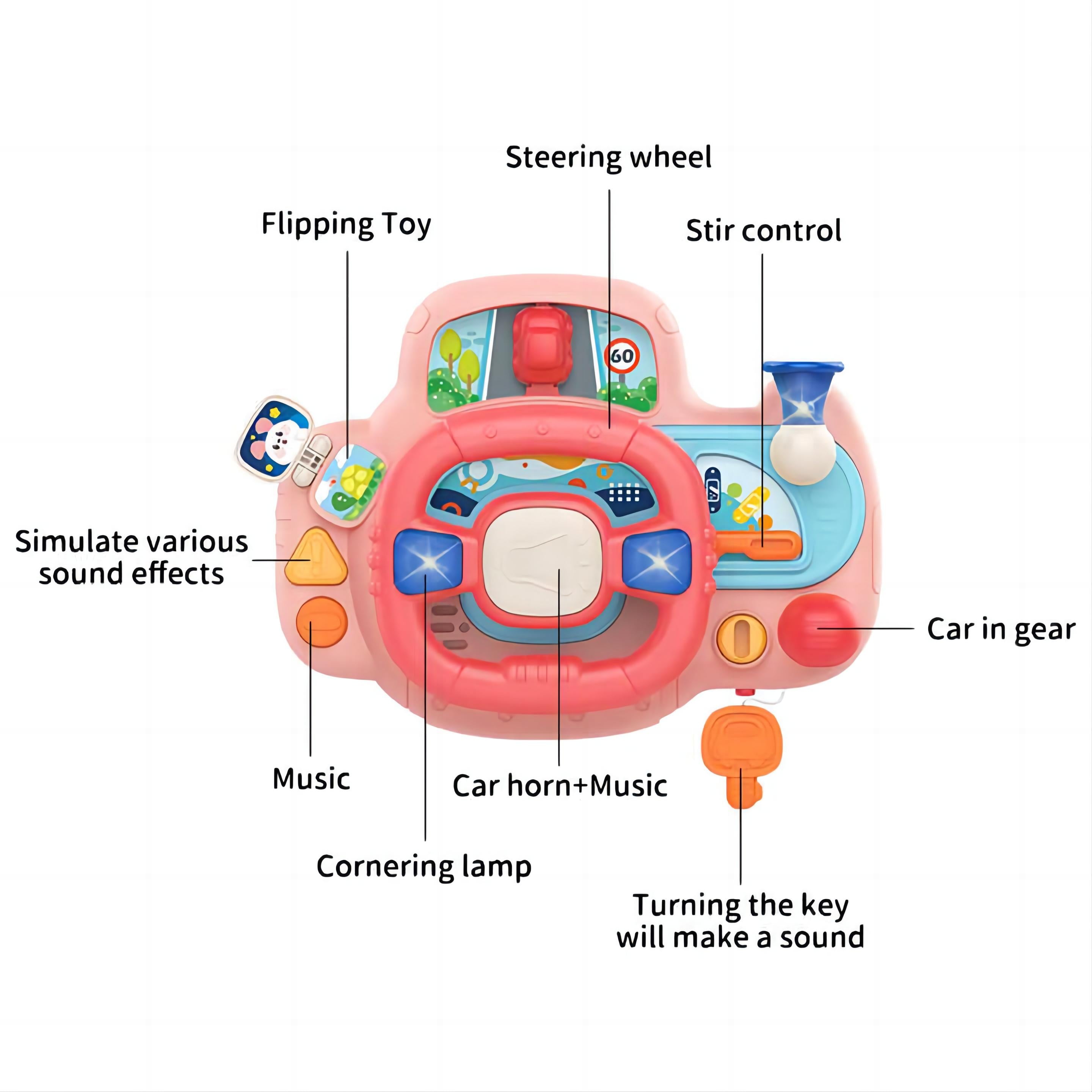 Portable Baby Steering Wheel Toy with Velcro Straps – Pretend Play with Lights, Sounds, and Flip Activities for Tables, Strollers, and Car Seats 18 Months + - Little Kooma