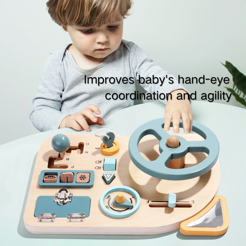 Montessori Wooden Toys Baby Steering Wheel Driving Toy w Mirror 3 Years + - Little Kooma