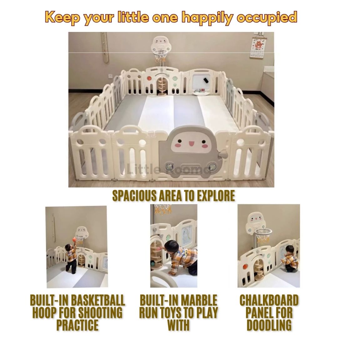 Baby Foldable Playpen Play Yard Basketball Hoop & Drawing Board – Eco HDPE, Non-Slip, Adjustable - Little Kooma