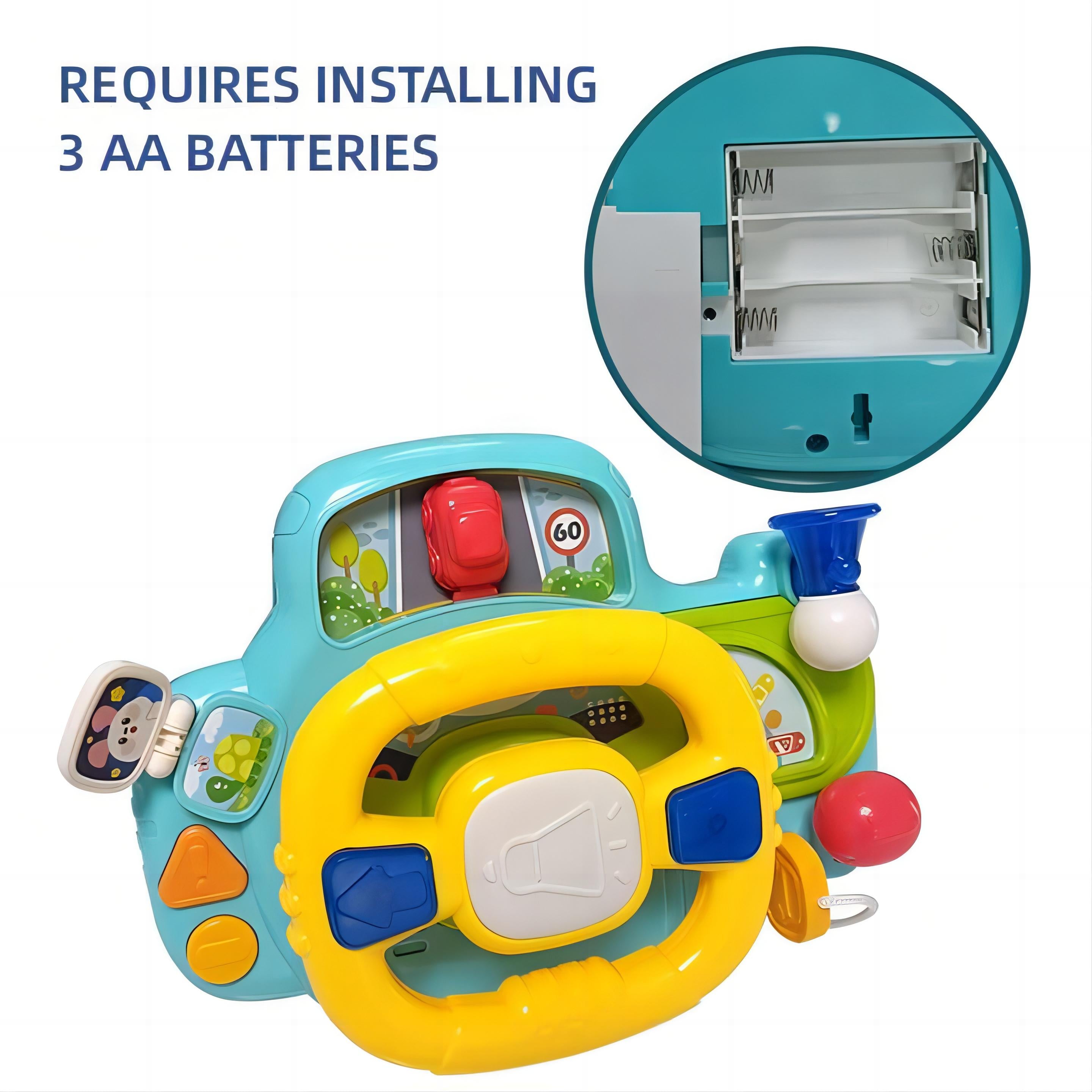 Portable Baby Steering Wheel Toy with Velcro Straps – Pretend Play with Lights, Sounds, and Flip Activities for Tables, Strollers, and Car Seats 18 Months + - Little Kooma