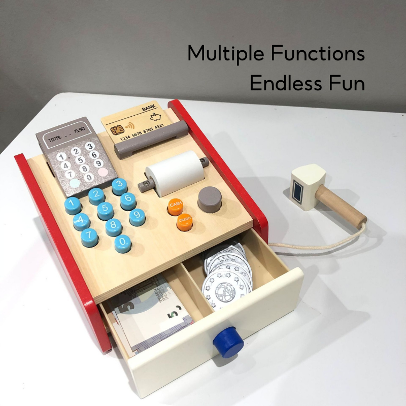 Wooden Register Set Checkout Counter Social Role Play Toy Montessori Toy 3 Years + - Little Kooma