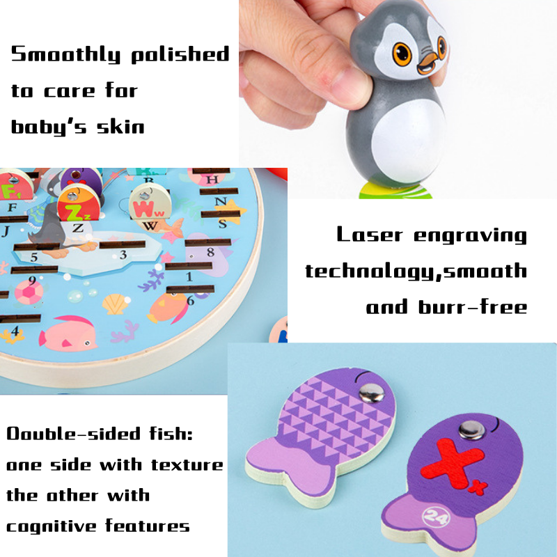 Fun Wooden Penguin Magnetic Fishing Game w Alphabets n Numbers 3 Years + - Little Kooma