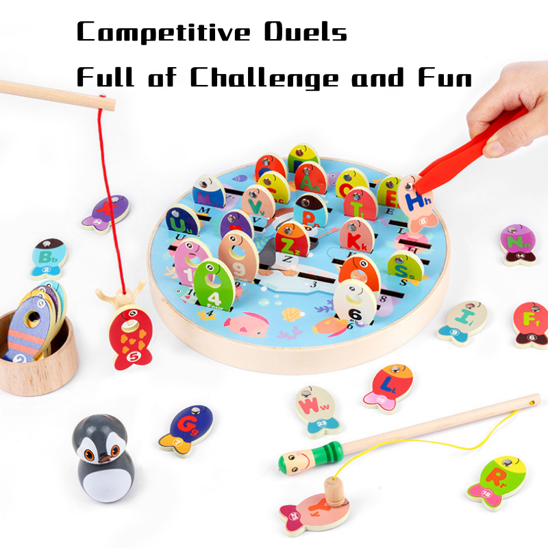 Fun Wooden Penguin Magnetic Fishing Game w Alphabets n Numbers 3 Years + - Little Kooma