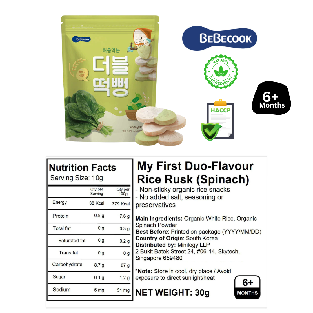 Baby Rice Rusk Snacks 30g Pack For 6 months Baby With Pumpkin Spinach and Sweet Potat -  My First Duo-Flavour Rice Rusk By BebeCook - Little Kooma