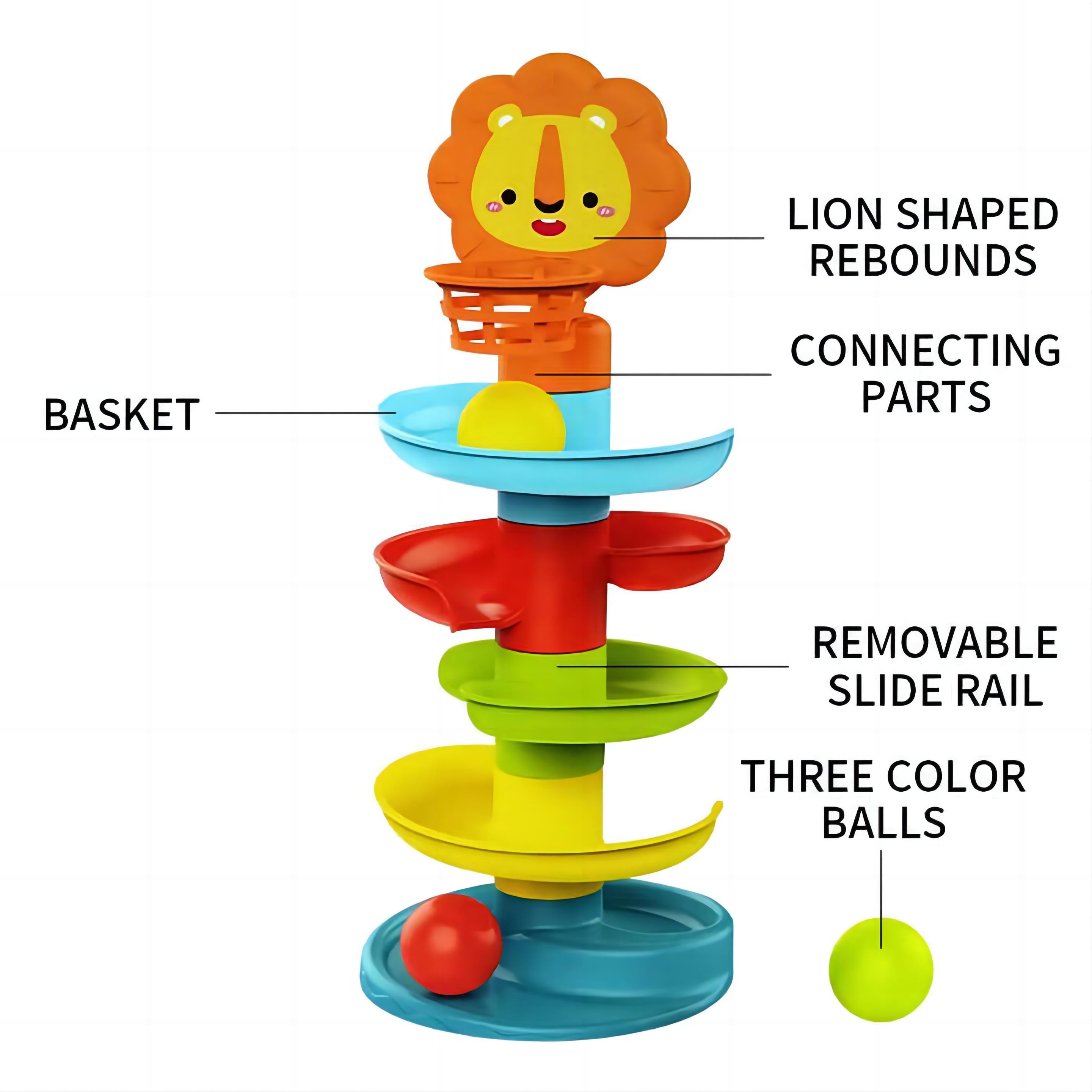 Spiral Race Marble Run STEM Toy – Lion Rebound Design, Removable Side Rails, 3 Color Balls, and Ball-Shooting Basket for Kids 18+ Months - Little Kooma
