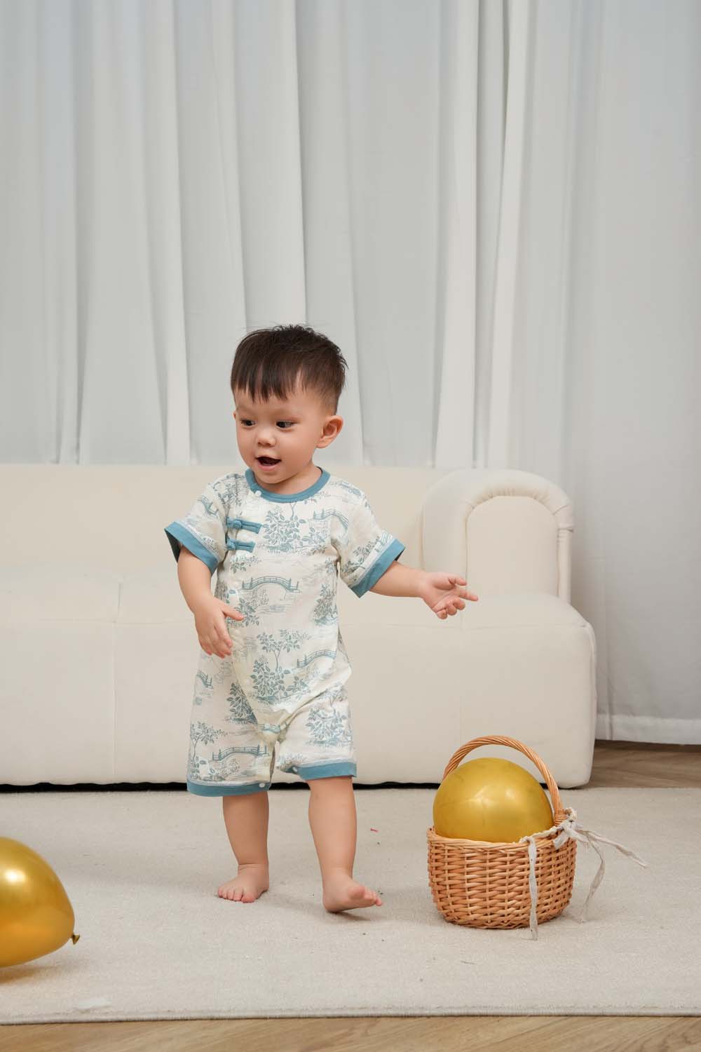 Singapore Souvenir Gift Chinese Garden Landscape Bridge Rockery Pavilion Baby Boy Cheongsam Romper 0839 - Little Kooma