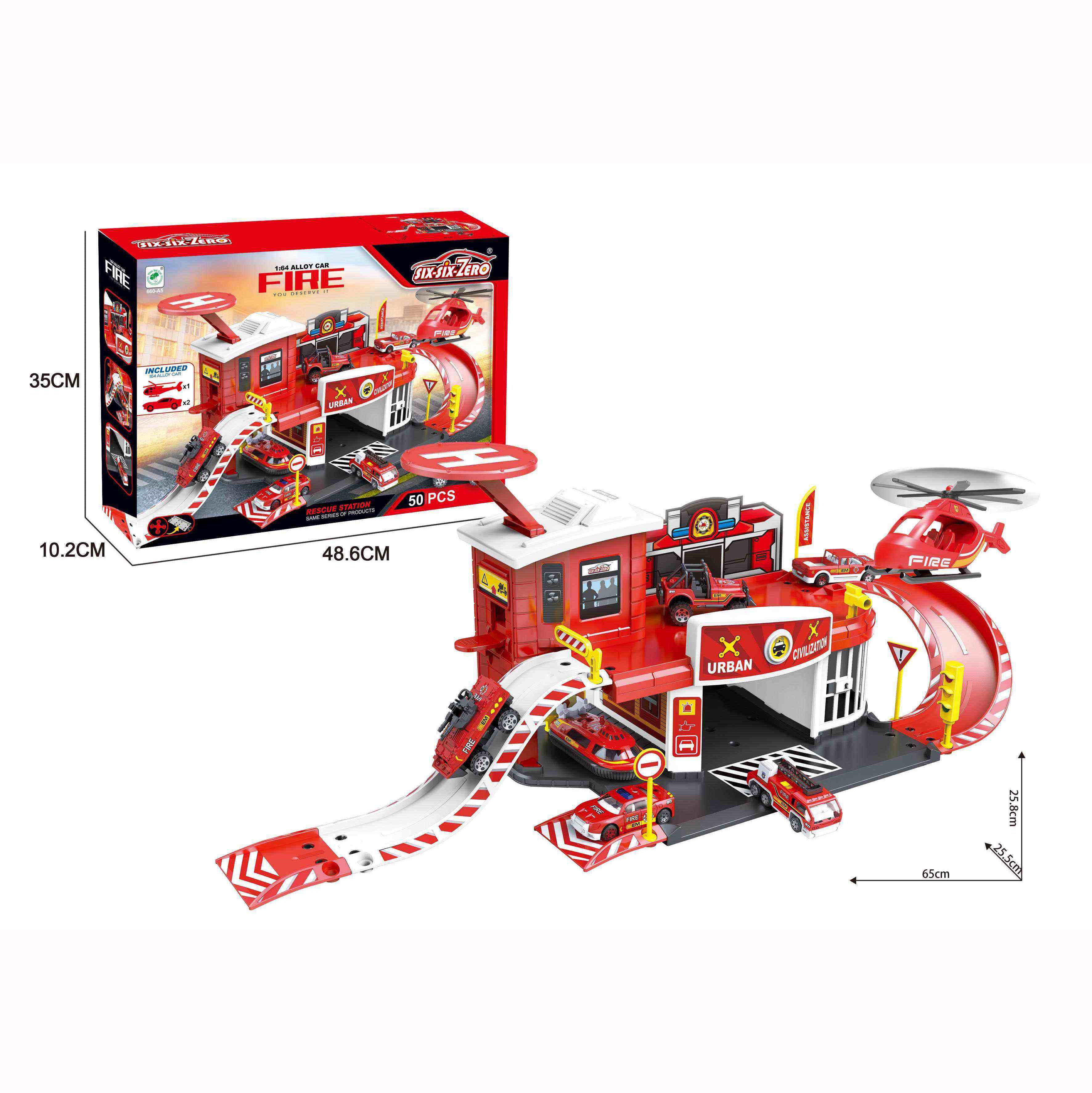 Kids Die Cast Cars Set Fire Station 50 pcs Parking with 2 Cars & 1 Plane - Little Kooma