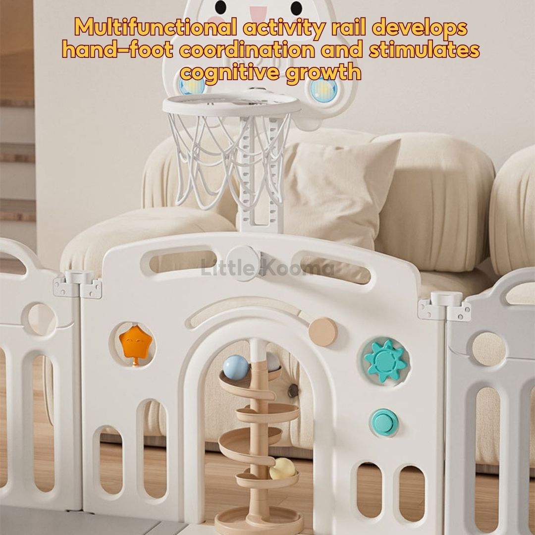 Baby Foldable Playpen Play Yard Basketball Hoop & Drawing Board – Eco HDPE, Non-Slip, Adjustable - Little Kooma