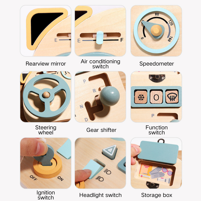 Montessori Wooden Toys Baby Steering Wheel Driving Toy w Mirror 3 Years + - Little Kooma