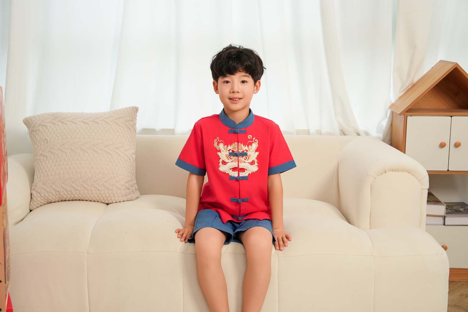 Singapore Souvenir Gift Dancing Lion Baby Kids Boys Cheongsam Set Red Top n Blue Shorts CNY Chinese New Year Outfit 0838 - Little Kooma