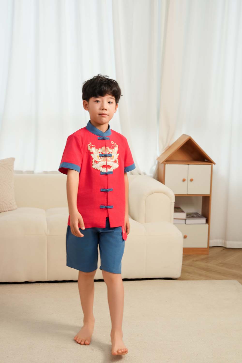 Singapore Souvenir Gift Dancing Lion Baby Kids Boys Cheongsam Set Red Top n Blue Shorts CNY Chinese New Year Outfit 0838 - Little Kooma