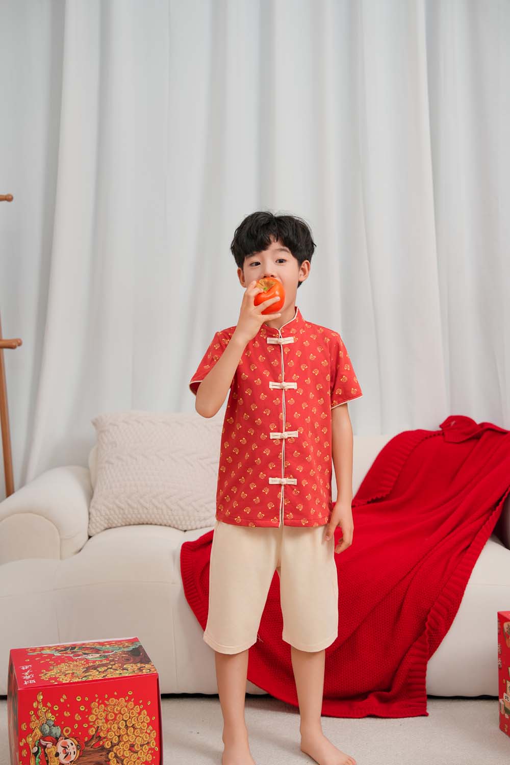 Singapore Souvenir Gift Blessing and Joy Family Set with Lucky Fu Characters Baby Kids Boys Cheongsam Set Top n Shorts CNY Chinese New Year Outfit 0832 - Little Kooma
