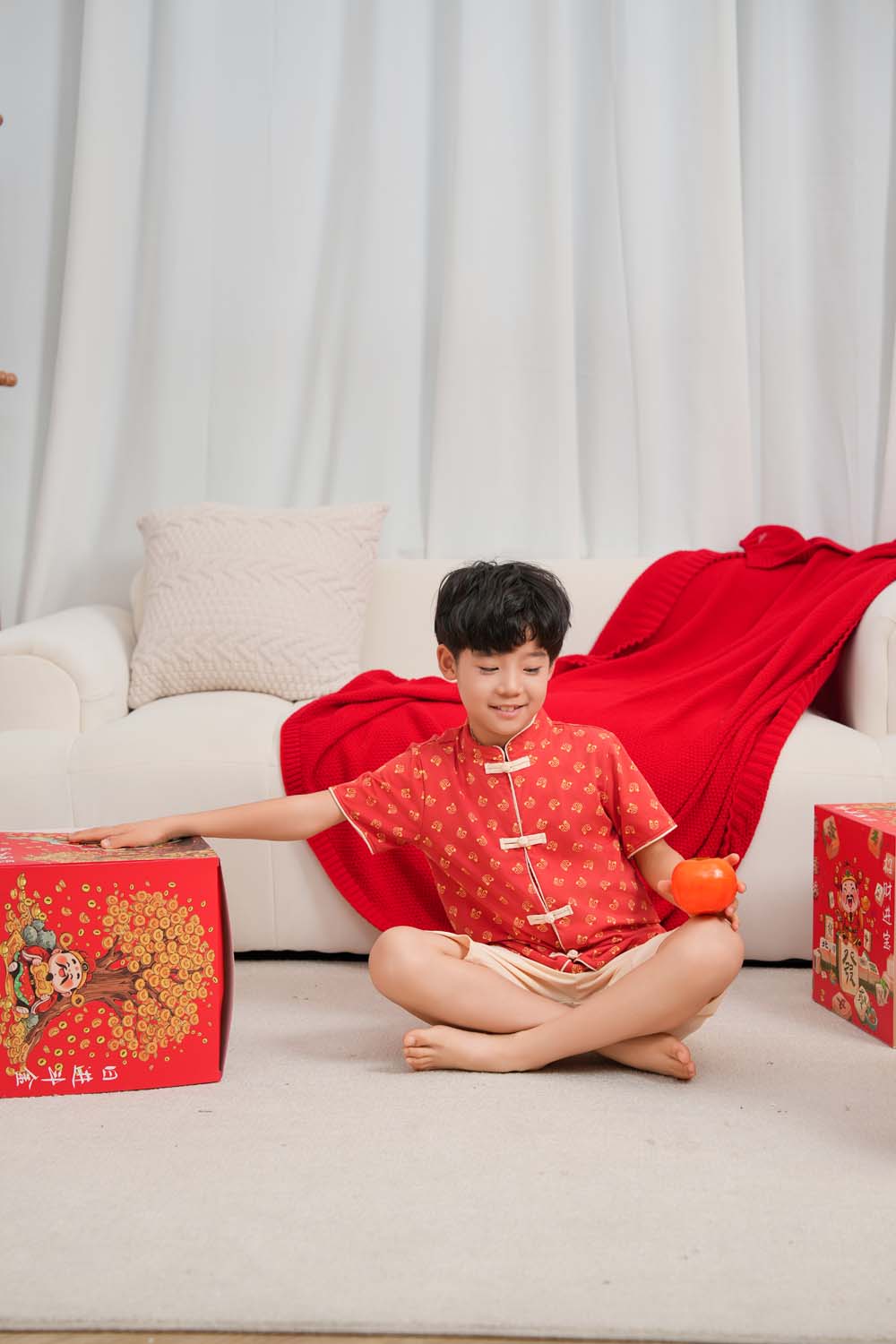 Singapore Souvenir Gift Blessing and Joy Family Set with Lucky Fu Characters Baby Kids Boys Cheongsam Set Top n Shorts CNY Chinese New Year Outfit 0832 - Little Kooma