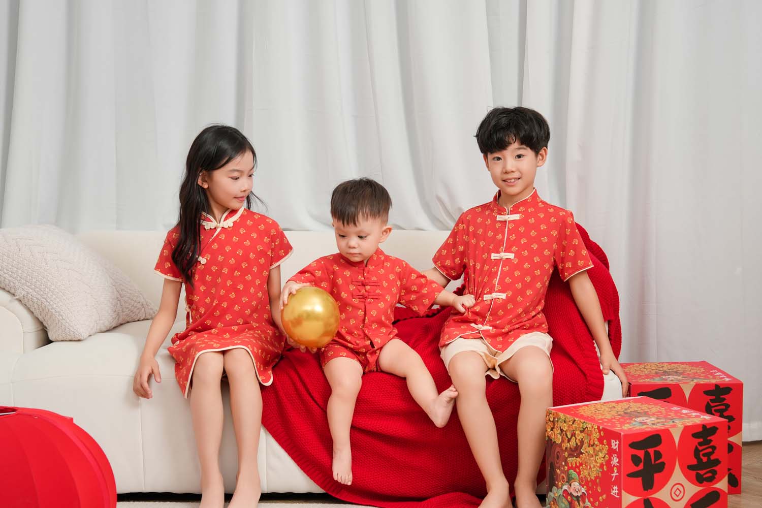 Singapore Souvenir Gift Blessing and Joy Family Set with Lucky Fu Characters Baby Kids Boys Cheongsam Set Top n Shorts CNY Chinese New Year Outfit 0832 - Little Kooma