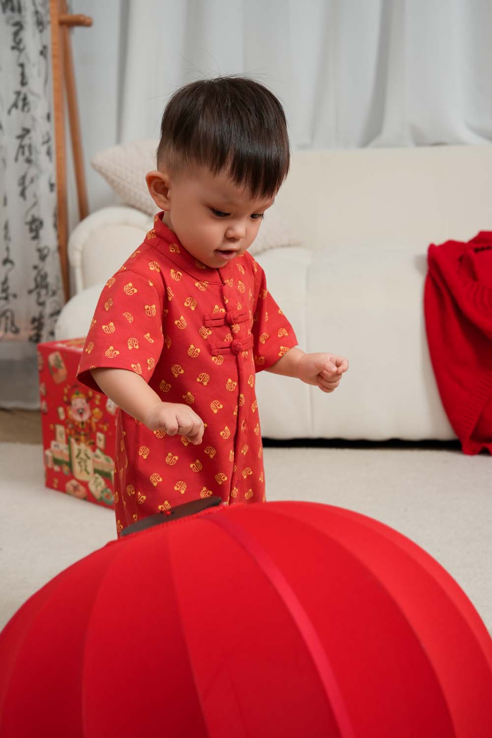 Singapore Souvenir Gift Blessing and Joy Family Set with Lucky Fu Characters Baby Boy Cheongsam Romper 0831 - Little Kooma