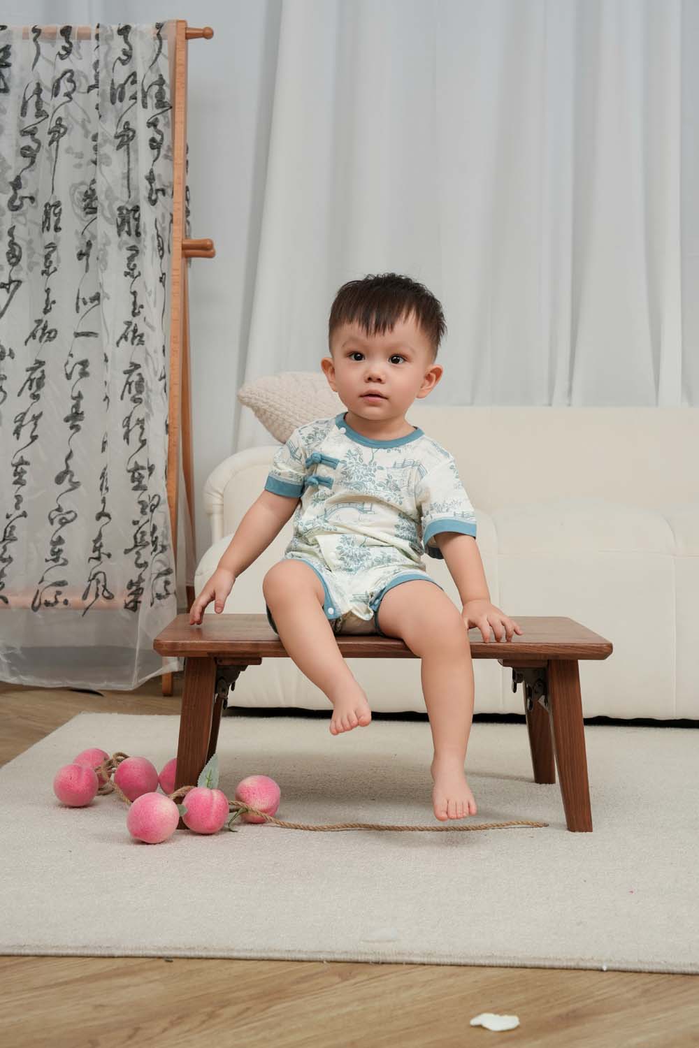 Singapore Souvenir Gift Chinese Garden Landscape Bridge Rockery Pavilion Baby Boy Cheongsam Romper 0839 - Little Kooma