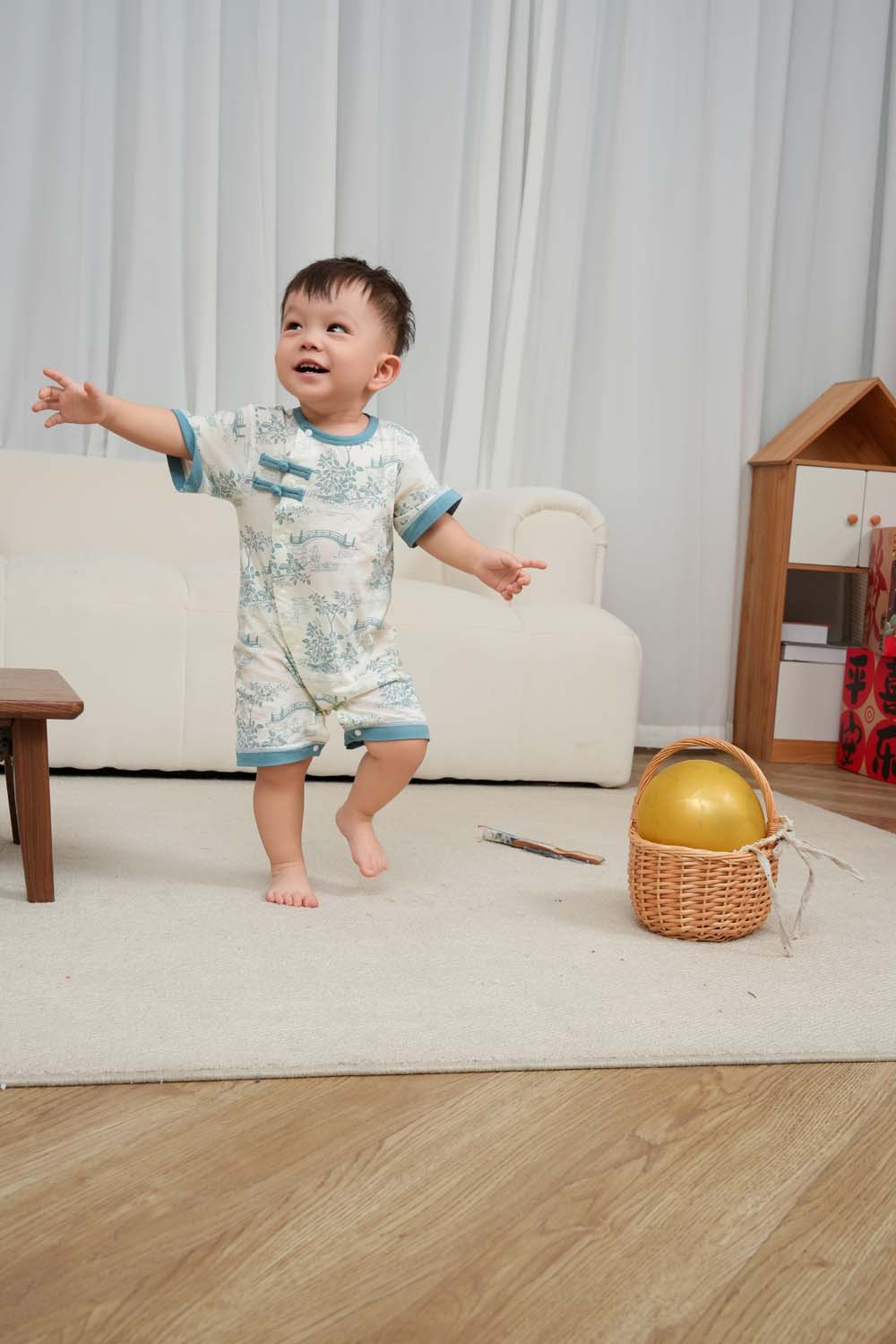 Singapore Souvenir Gift Chinese Garden Landscape Bridge Rockery Pavilion Baby Boy Cheongsam Romper 0839 - Little Kooma