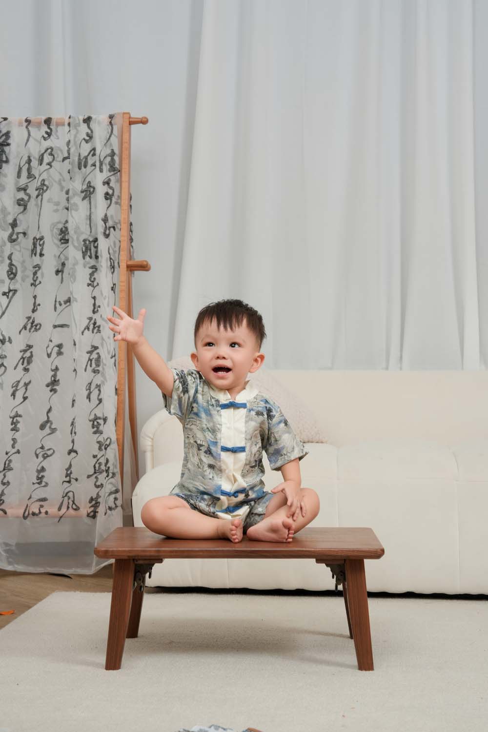 Singapore Souvenir Gift Chinese Landscape Painting Mountains Trees Houses Baby Boy Cheongsam Romper 0840 - Little Kooma