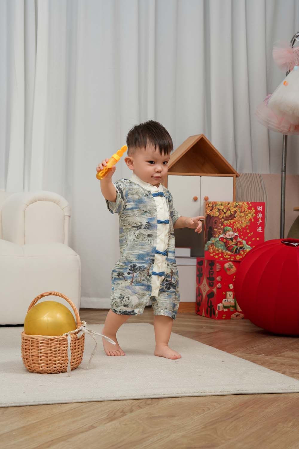Singapore Souvenir Gift Chinese Landscape Painting Mountains Trees Houses Baby Boy Cheongsam Romper 0840 - Little Kooma