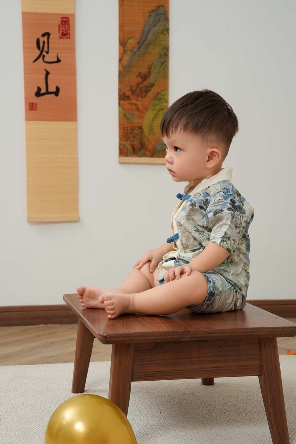 Singapore Souvenir Gift Chinese Landscape Painting Mountains Trees Houses Baby Boy Cheongsam Romper 0840 - Little Kooma