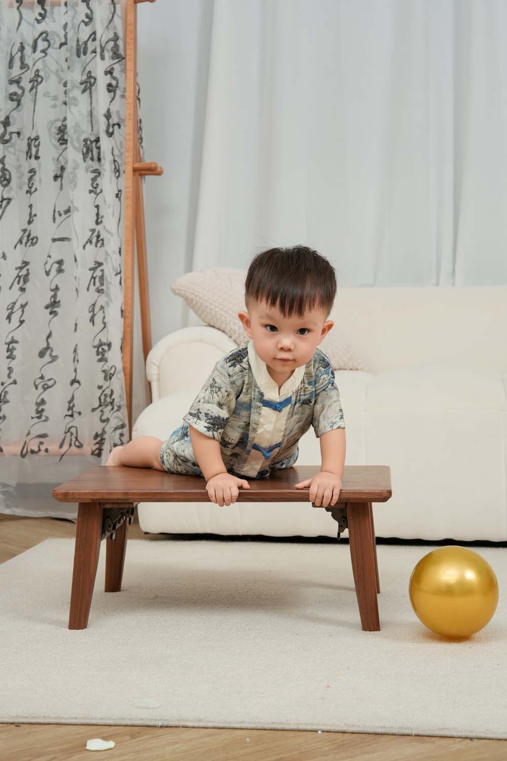 Singapore Souvenir Gift Chinese Landscape Painting Mountains Trees Houses Baby Boy Cheongsam Romper 0840 - Little Kooma