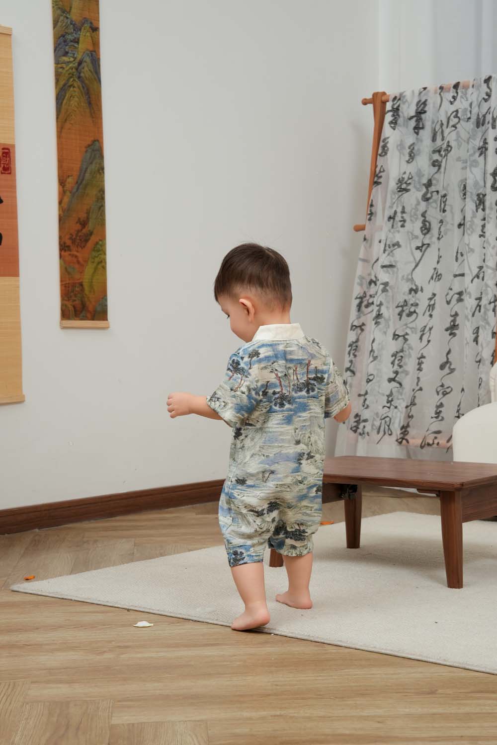 Singapore Souvenir Gift Chinese Landscape Painting Mountains Trees Houses Baby Boy Cheongsam Romper 0840 - Little Kooma