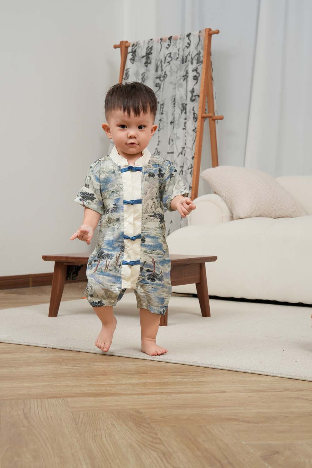 Singapore Souvenir Gift Chinese Landscape Painting Mountains Trees Houses Baby Boy Cheongsam Romper 0840 - Little Kooma