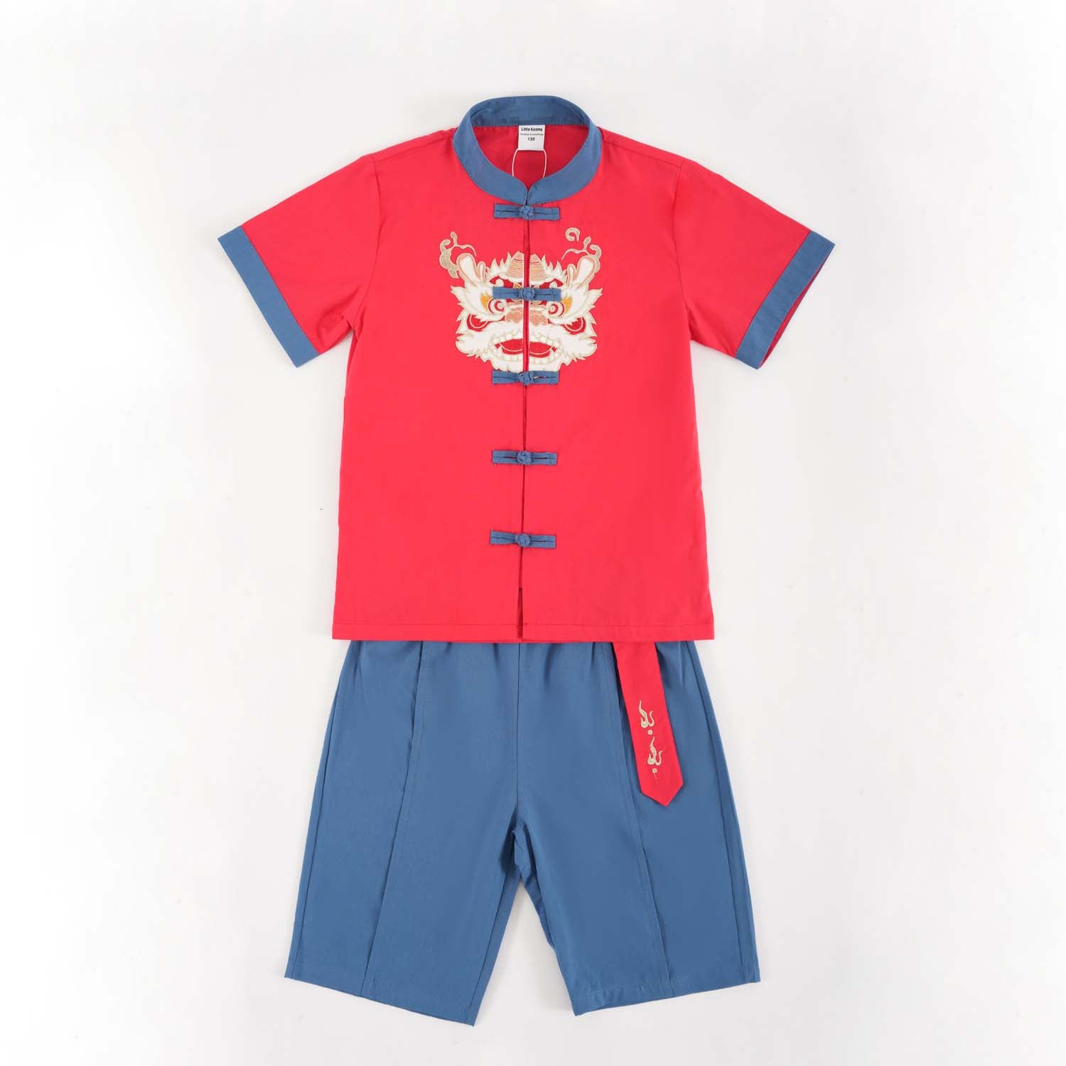 Singapore Souvenir Gift Dancing Lion Baby Kids Boys Cheongsam Set Red Top n Blue Shorts CNY Chinese New Year Outfit 0838 - Little Kooma