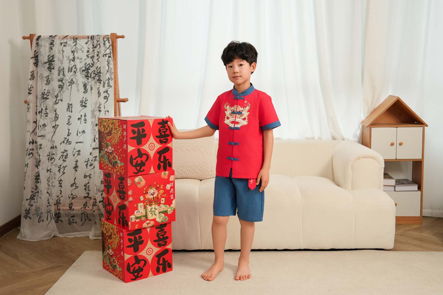 Singapore Souvenir Gift Dancing Lion Baby Kids Boys Cheongsam Set Red Top n Blue Shorts CNY Chinese New Year Outfit 0838 - Little Kooma