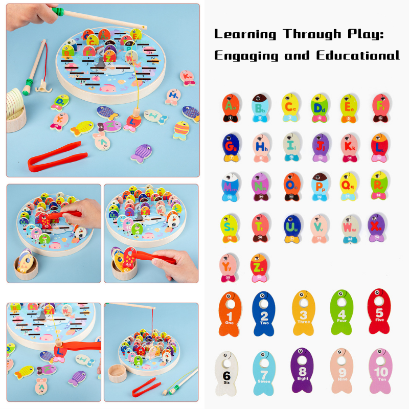 Fun Wooden Penguin Magnetic Fishing Game w Alphabets n Numbers 3 Years + - Little Kooma