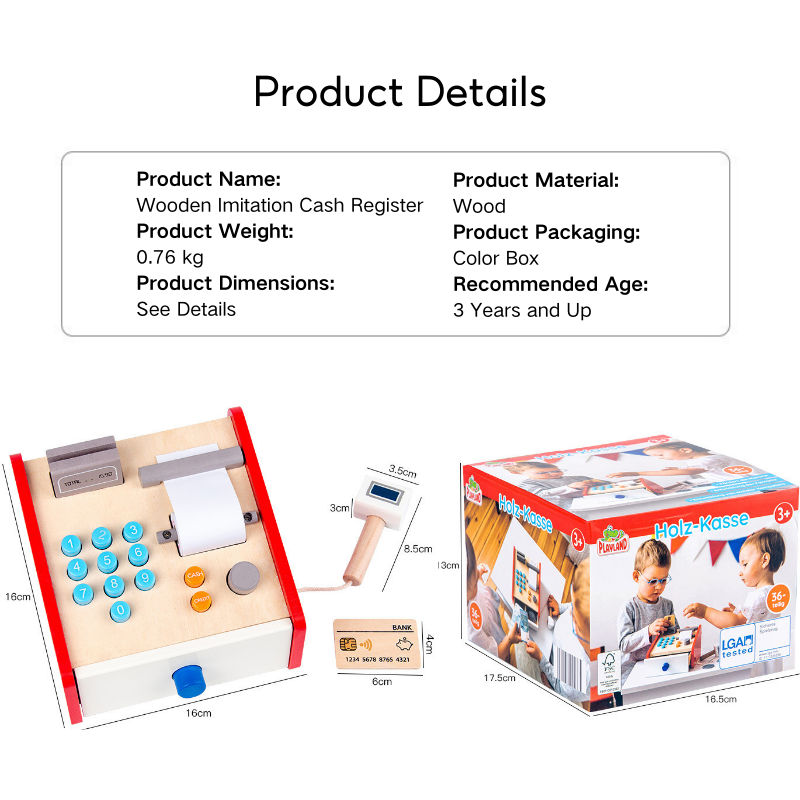 Wooden Register Set Checkout Counter Social Role Play Toy Montessori Toy 3 Years + - Little Kooma