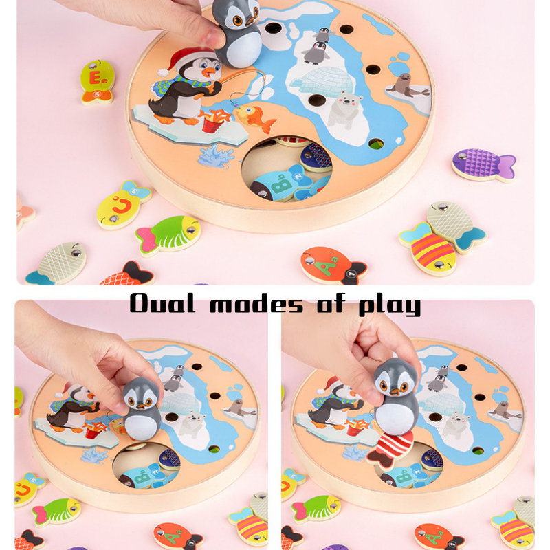 Fun Wooden Penguin Magnetic Fishing Game w Alphabets n Numbers 3 Years + - Little Kooma