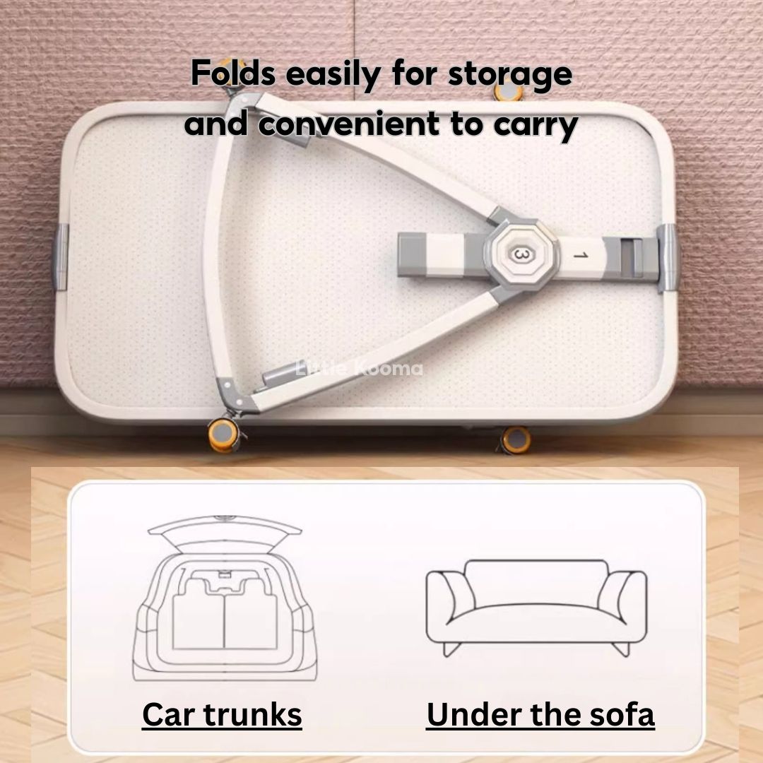 Baby Crib with Changing Table & Mosquito Net Height Adjustable Cradle & Mobile Bed Foldable & Washable - Little Kooma
