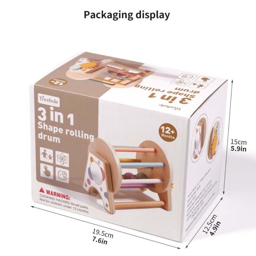 3-in-1 Wooden Shape Sorter Rolling Drum – Interactive Learning Toy for Toddlers 12 Months + - Little Kooma