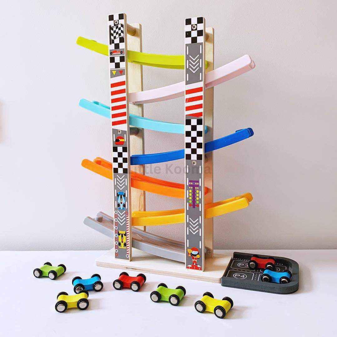 Wooden Gliding Car Ramp Toy – Zig Zag Race Track with Mini Cars, Toddler Racing Toy for Kids Boys & Girls Ages 3-6 - Little Kooma