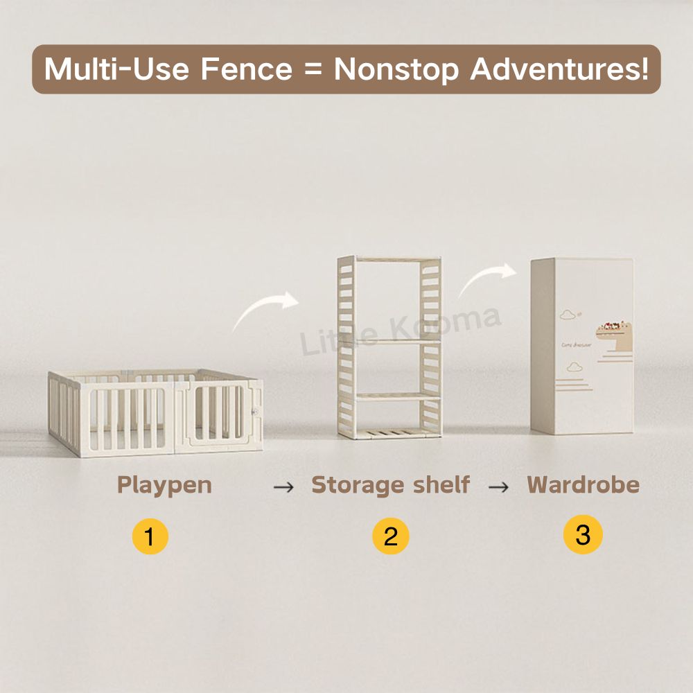3-in-1 Kids Playpen | Converts to Storage Shelf & Wardrobe | HDPE Safety Fence with Door Lock | Baby Play Yard - Little Kooma