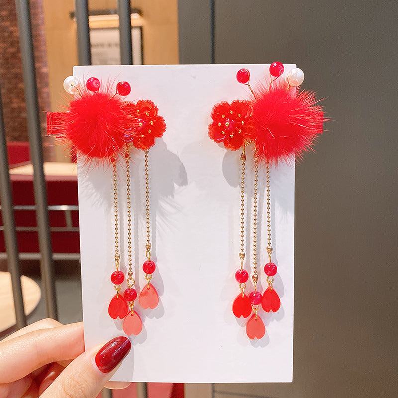 Singapore Souvenir Gift Chinese New Year CNY Red Kids Girl's Crystal Beads Head Clips Hair Accessories - Little Kooma