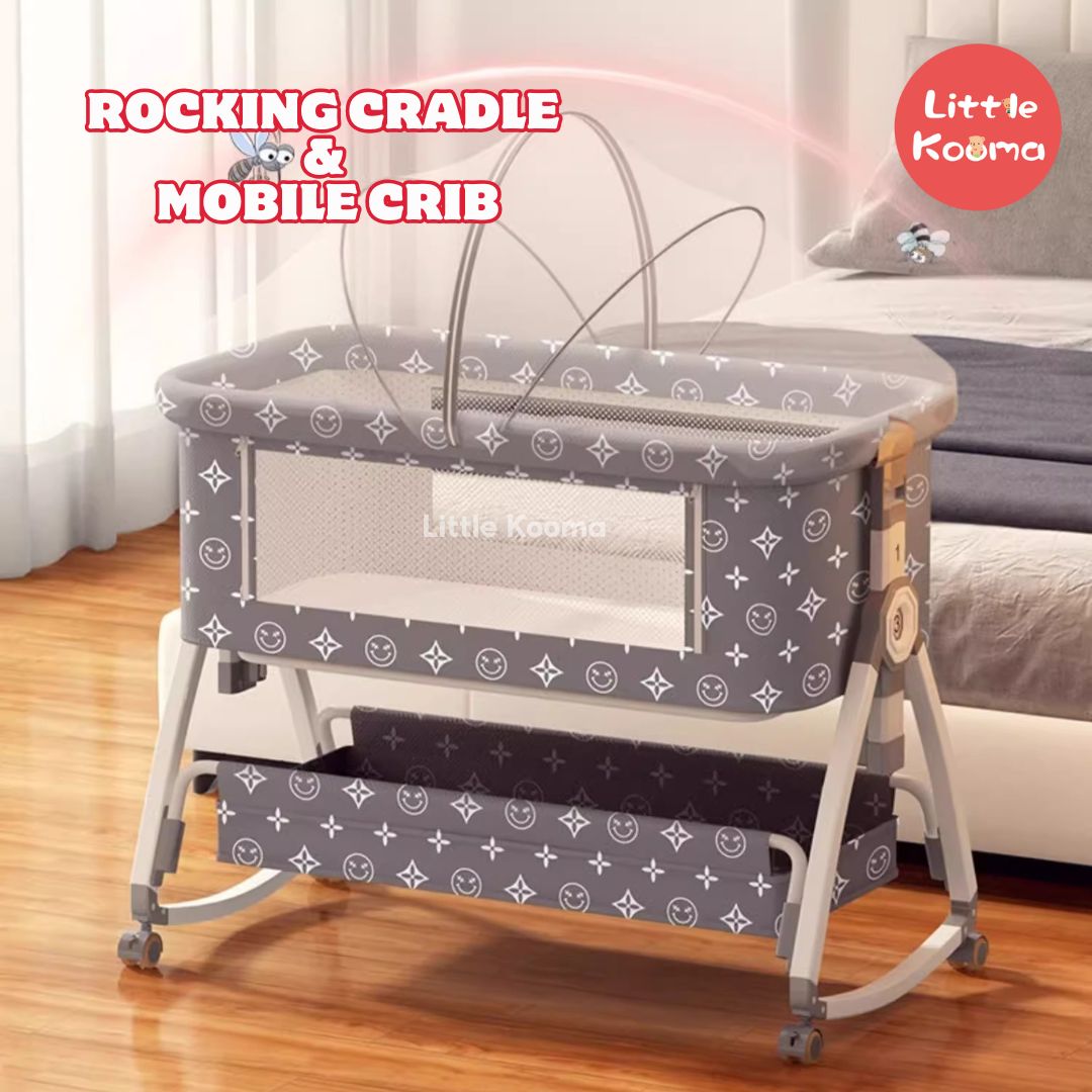 Baby Crib with Changing Table & Mosquito Net Height Adjustable Cradle & Mobile Bed Foldable & Washable - Little Kooma
